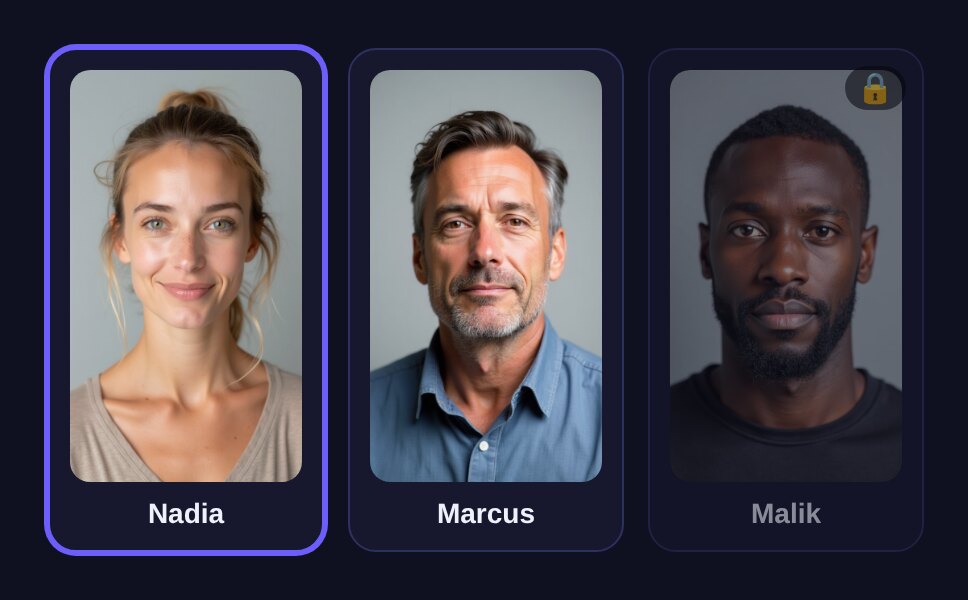 The Dorian gallery — a grid of synthetic faces, one selected, premium faces locked