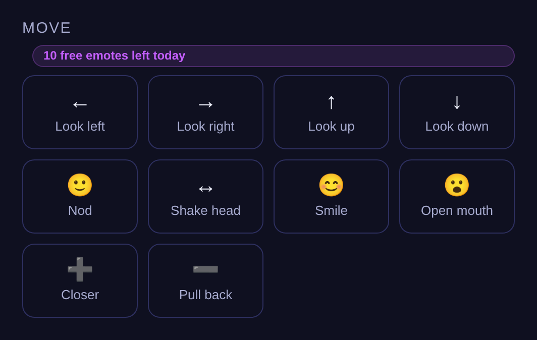 The Dorian tap-pad — buttons for look left/right/up/down, nod, shake head, smile, open mouth, closer and pull back